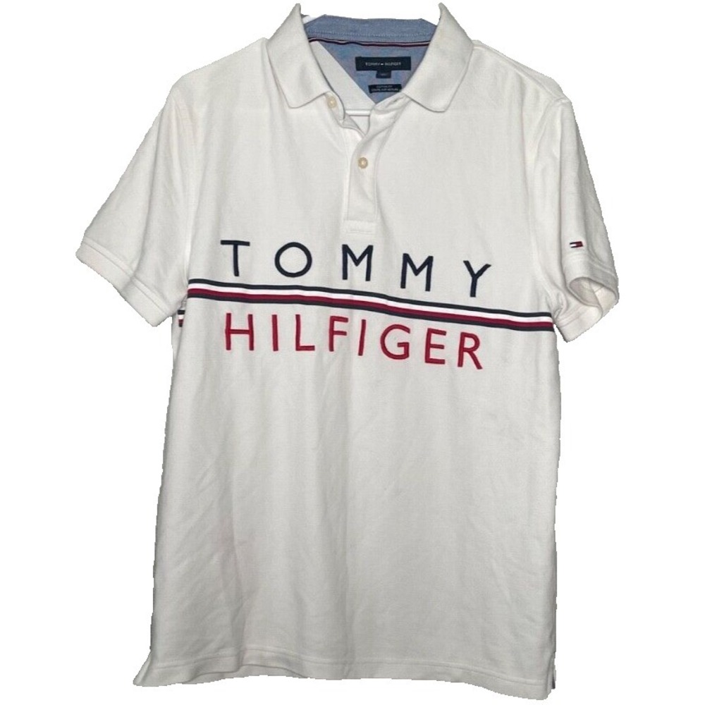 Tommy Hilfiger Polo Shirt Men's‎ Medium White Logo Custom Fit Coupe Sur Mesure